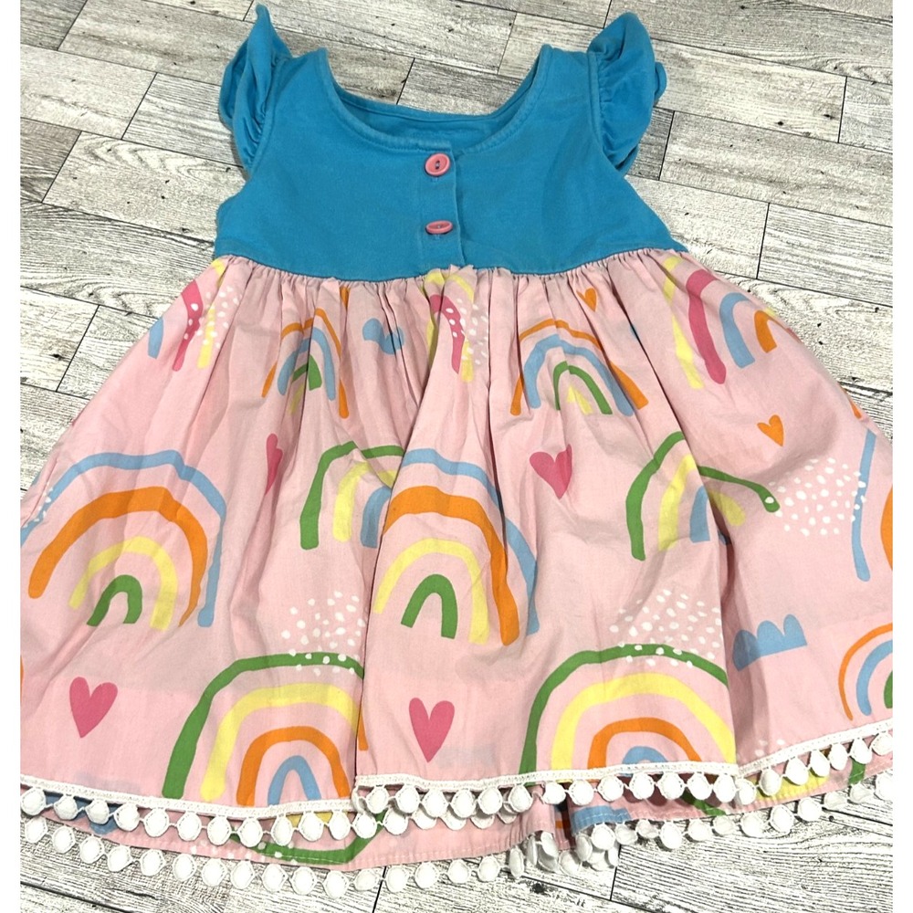 Eleanor‎ Rose Rainbow Kirby Dress Girls Blue & pink hearts Toddler Size 2